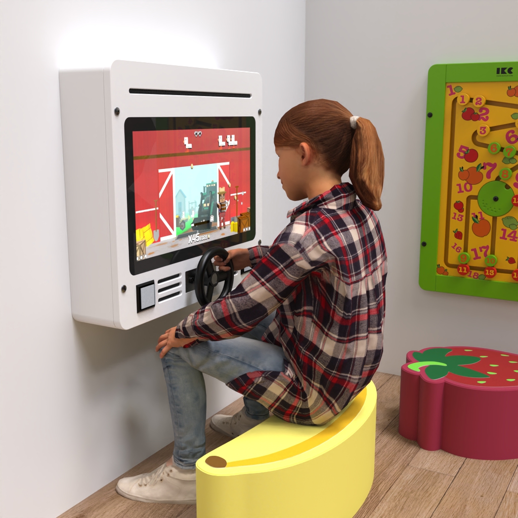 interactief speelsysteem met een stuurtje en diverse educatieve spellen wandspellen en softplay zitkussens